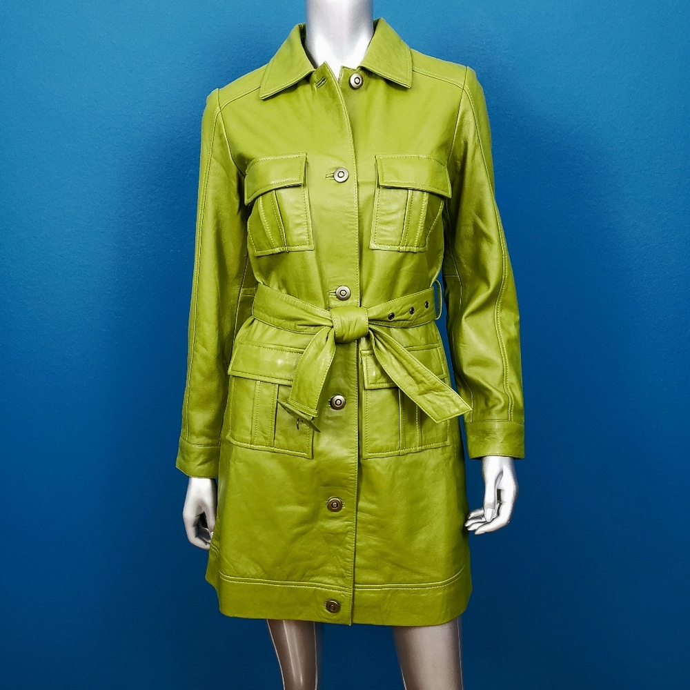 🆕️🌿🍀 MUUBAA Green Utility Tie Waist Leather Coat // (GENUINE LEATHER) //(NWT) - Picture 2 of 12